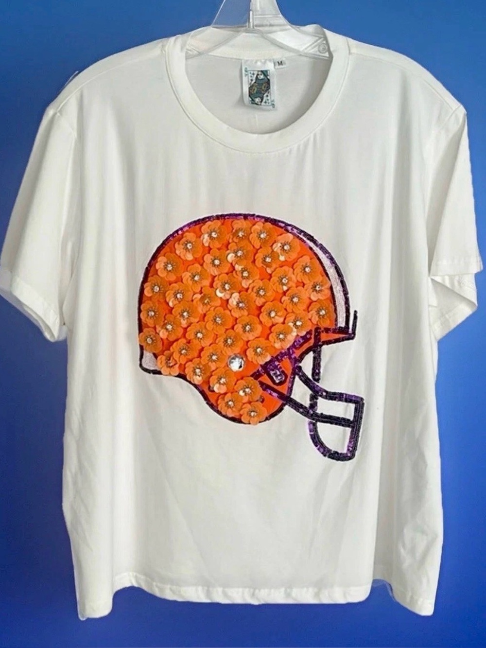 🏈NWT Queen Of Sparkles XS Sequined Football Helmet Tee Orig $132